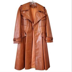Vintage Women's  Brown Leather Knee Length  Coat Trench Cowgirl  Western Rodeo